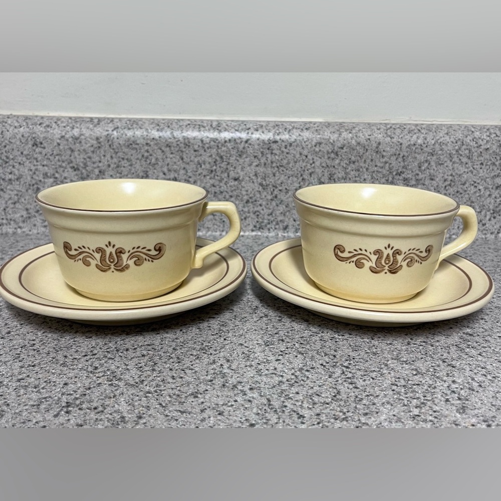 Pfaltzgraff Village Pattern Vintage Cream and Brown Teacup Set